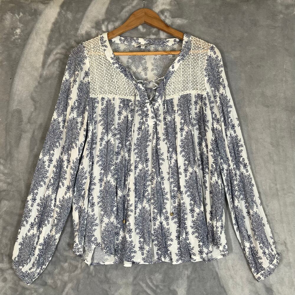 Heartloom Blue Block Print Boho Coastal Peasant Blouse M Lace Festival Retro